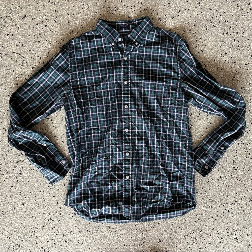 J. Crew Men's Dark Green and Navy Plaid Button-Down Lightweight Shirt